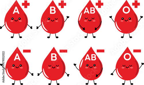Cute Cartoon Blood Drops Illustrating Different Blood Types with Happy Faces. Bright and cheerful cartoon characters represent diverse blood groups, emphasizing medical awareness and the universal 