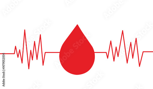 Red Blood Drop With Heartbeat Line on White Background. Illustration depicting a red blood drop and heartbeat line, symbolizing healthcare, blood donation, and medical concepts. 