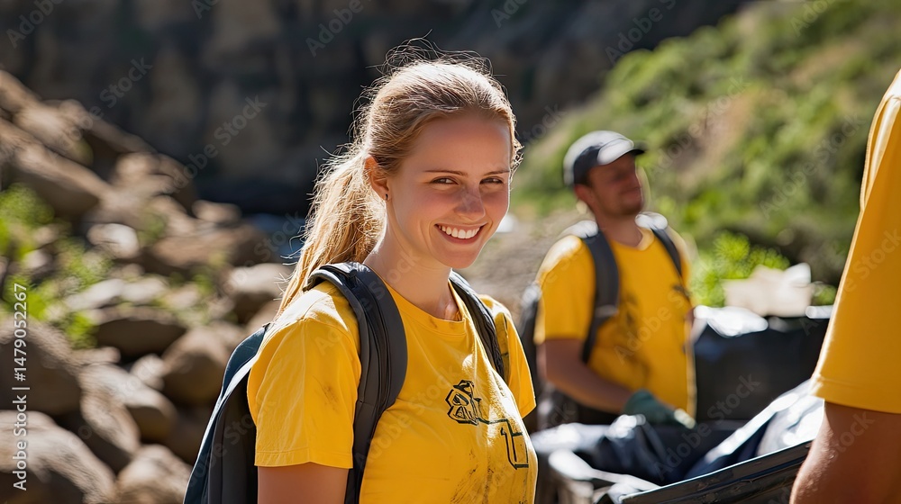 Naklejka premium Smiling young woman leads a group of volunteers in a nature cleanup.