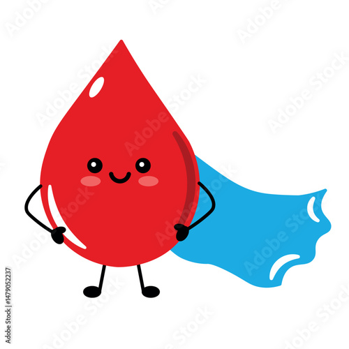 Cartoon Blood Drop Character With Superhero Cape in Cheerful Style. A cute cartoon blood drop character wearing a blue cape, symbolizing strength and vitality. Ideal for campaigns promoting donation 