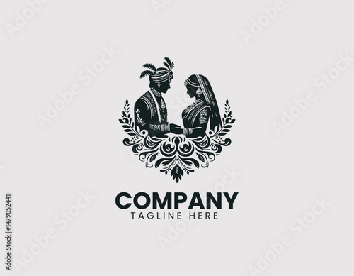 Elegant Indian Traditional Wedding Couple Illustration Vector Logo Design,  Graceful Indian Bride and Groom Traditional Attire Vector Logo