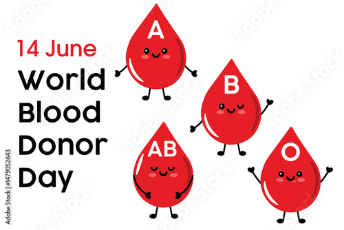 World Blood Donor Day Celebration with Cartoon Blood Drops and Blood Types. Colorful and cheerful illustration celebrating World Blood Donor Day with smiling blood drop characters representing 