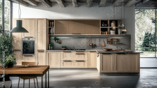 Wallpaper Mural Contemporary kitchen design featuring light wood cabinetry. Torontodigital.ca