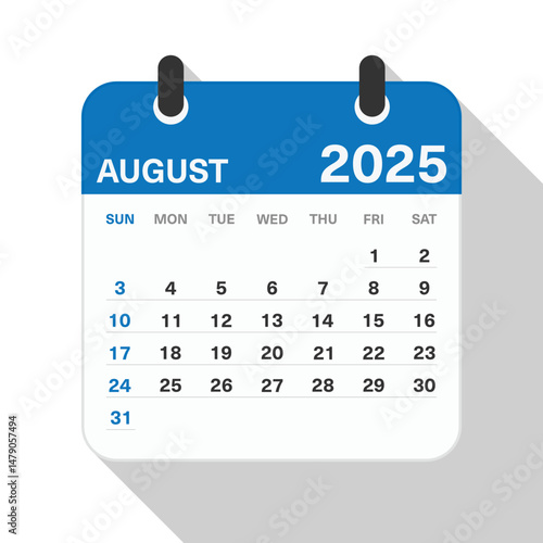 Monthly Calendar for August 2025. Blue Theme on White Background