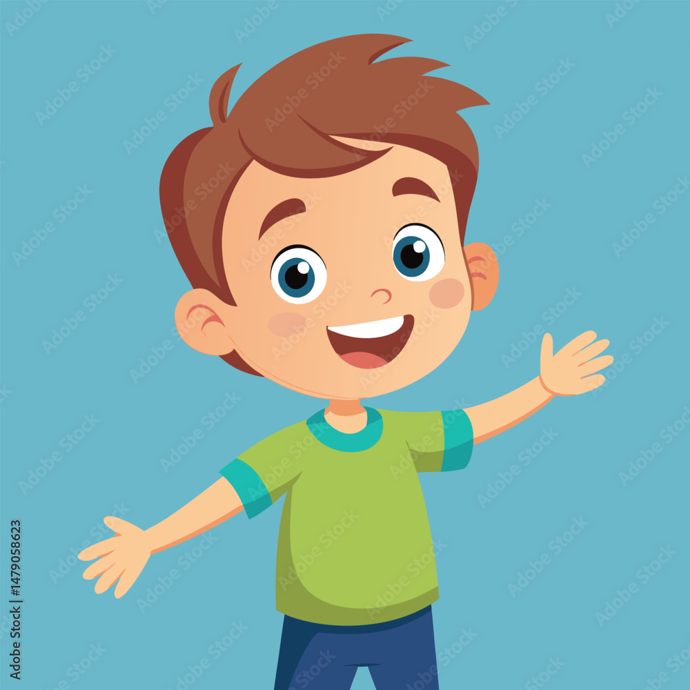 Happy Little Boy with Arm Outstretched, Smiling and Looking at Camera Illustration Happy Little Boy with Arm Outstretched, Smiling and Looking at Camera Illustration
