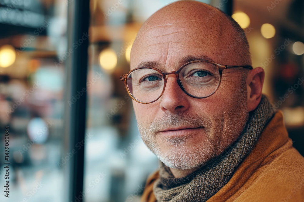 Fototapeta premium Portrait of a middle-aged bald businessman wearing eyeglasses and scarf, looking outside a coffee shop window