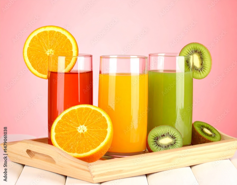 Fototapeta premium Three colorful juices with fruit slices on wooden tray, kiwi and orange beside, pink background.