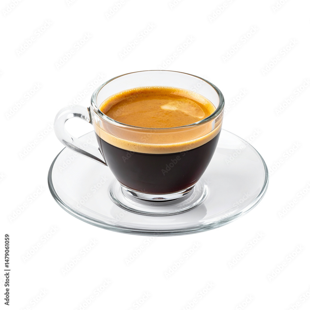clear glass cup filled with rich, dark espresso sits on transparent saucer, showcasing creamy foam on top. image evokes sense of warmth and comfort, perfect for coffee lovers clear glass cup filled with rich, dark espresso sits on transparent saucer, showcasing creamy foam on top. image evokes sense of warmth and comfort, perfect for coffee lovers
