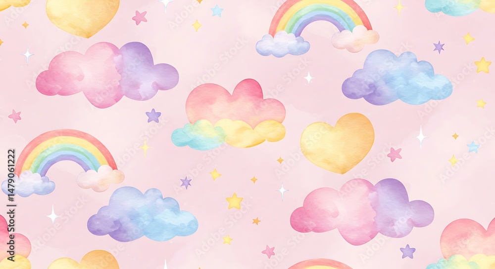 Pastel Dreams: A Watercolor Rainbow Cloud Pattern Pastel Dreams: A Watercolor Rainbow Cloud Pattern
