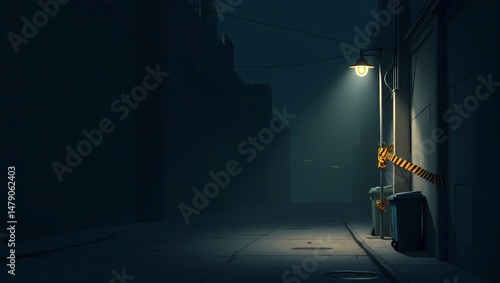 Dark Alleyway: A dimly lit, shadowy alleyway shrouded in mist, illuminated only by a lone street lamp, creates an eerie, atmospheric scene perfect for mystery and intrigue.