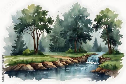 Rainfall collecting in a watershed in watercolor style
