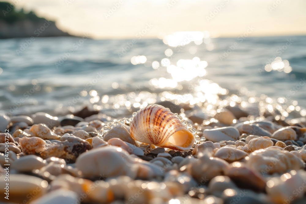 Close Up of seashell necklace resting on rocky beach during sunset, Closeup of seashell necklace placed on rocky beach with sunlit water in background Close Up of seashell necklace resting on rocky beach during sunset, Closeup of seashell necklace placed on rocky beach with sunlit water in background