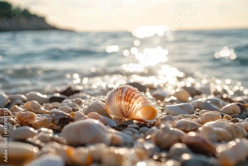 Close Up of seashell necklace resting on rocky beach during sunset, Closeup of seashell necklace placed on rocky beach with sunlit water in background