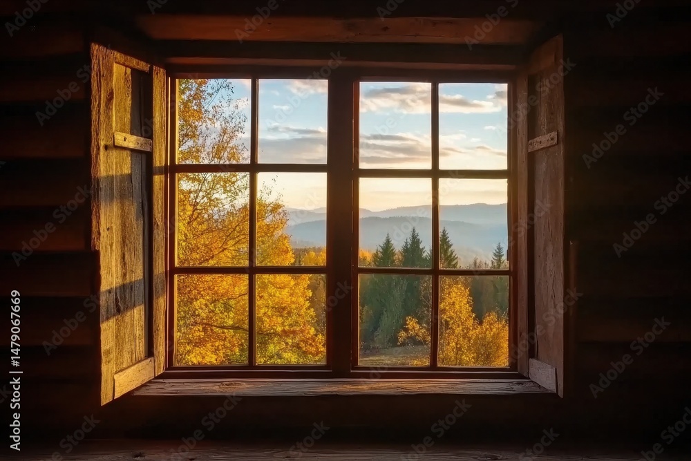 Fototapeta premium Beautiful autumn landscape view through cabin window at sunrise with vibrant foliage, Cabin Window with Autumn Landscape View at Sunrise, ing