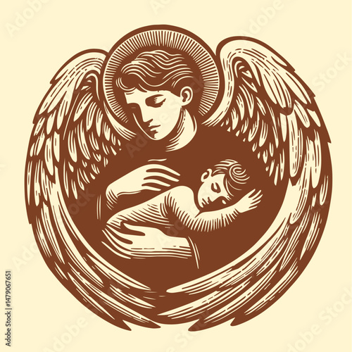 Guardian Angel Protecting a Sleeping Child. Vintage-style illustration reminiscent of a wood engraving, depicting a winged angel tenderly cradling a baby, symbolizing protection and innocence