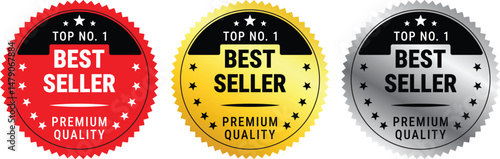 Set of three top no. 1 best seller badges in red, gold, and silver with premium quality text and stars	