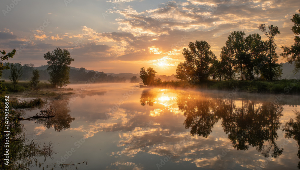 Obraz premium Serene sunrise over a calm river, mist rising from the water, reflecting the golden light and silhouettes of trees on the banks, creating a peaceful and idyllic scene. : Generative AI