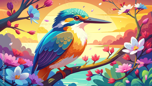 A vibrant kingfisher perches delicately among blooming branches, its iridescent feathers glowing beneath the gentle spring sunlight. The scene is alive with color, capturing the renewal and joy of the