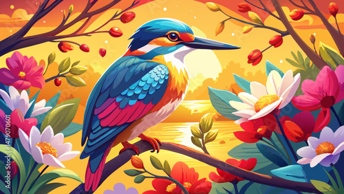 A vibrant kingfisher perches delicately among blooming branches, its iridescent feathers glowing beneath the gentle spring sunlight. The scene is alive with color, capturing the renewal and joy of the