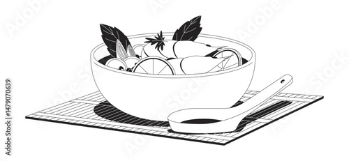Tom yum soup outline illustration. Hot and sour tom yam goong. Thai cuisine. Seafood bowl with shrimp, herbs, lime. Authentic food 2D line item isolated on white. Monochrome vector ink linear image