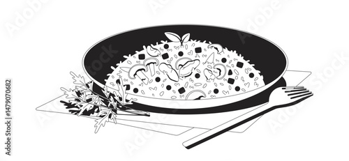 Mussels and pea risotto with mushrooms and garnish outline illustration. Italian saffron rice dish. Dinner plate. Authentic food 2D line item isolated on white. Monochrome vector ink linear image