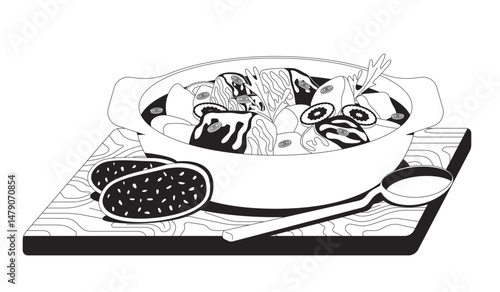 Hungarian goulash served with bread and spoon outline illustration. Hearty stew with beef potato. Homestyle ragout. Authentic food 2D line item isolated on white. Monochrome vector ink linear image