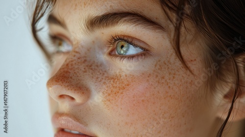Close Up Portrait of Freckled Young Woman with Green Eyes