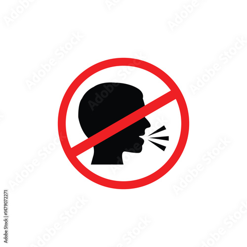 No talking sign icon featuring a silhouette of a head with speech lines crossed by a red circle. Ideal for silence zones, libraries, or quiet area design applications.