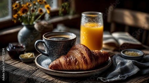 A warm and inviting still life of a classic continental breakfast. A golden-brown croissant rests on a rustic plate, accompanied by a glass of fresh orange juice and a steaming mug of dark coffee. A s