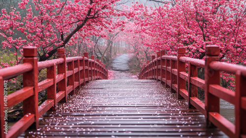 Serene wooden bridge surrounded by vibrant pink cherry blossoms creates tranquil scene