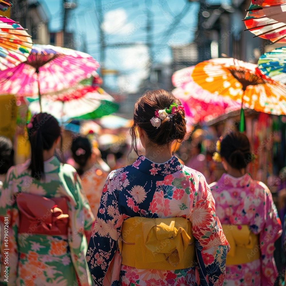 Fototapeta premium Painting of women in colorful kimonos walking through street with red umbrellas during cultural festival, pagoda and lanterns in background. Generative by AI.