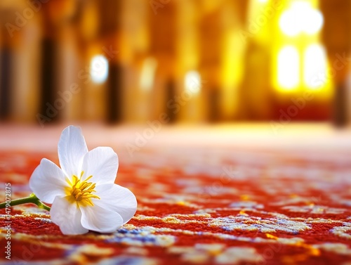 Single White Flower on Rich Red Carpet Elegant Mosque Interior art calm hope life soft warm peace