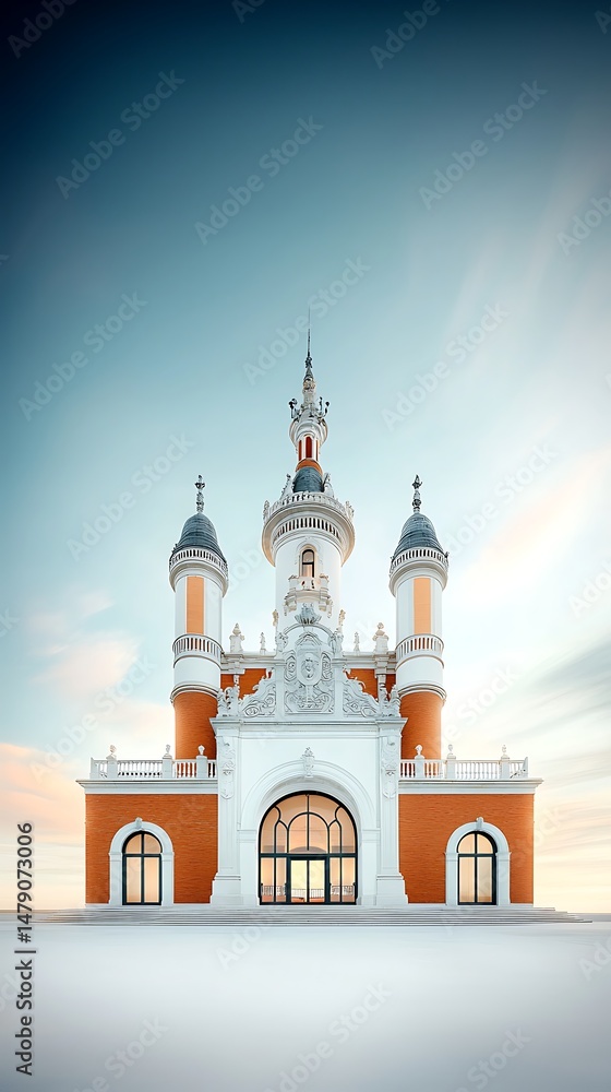 Obraz premium Ornate, unique building with towers, against sky. Snow-covered foreground