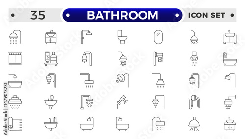 Bathroom outline icons. Editable Stroke. Shower, bath, toilet, bidet, mirror, water tap. Laundry and garbage basket. Cosmetics shampoo comb cream. Toilet paper napkins.