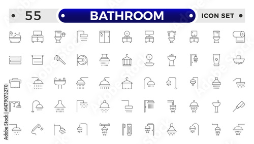 Bathroom outline icons. Editable Stroke. Shower, bath, toilet, bidet, mirror, water tap. Laundry and garbage basket. Cosmetics shampoo comb cream. Toilet paper napkins.