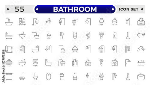 Bathroom outline icons. Editable Stroke. Shower, bath, toilet, bidet, mirror, water tap. Laundry and garbage basket. Cosmetics shampoo comb cream. Toilet paper napkins.