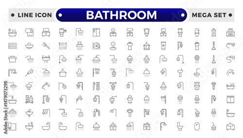 Bathroom outline icons. Editable Stroke. Shower, bath, toilet, bidet, mirror, water tap. Laundry and garbage basket. Cosmetics shampoo comb cream. Toilet paper napkins.