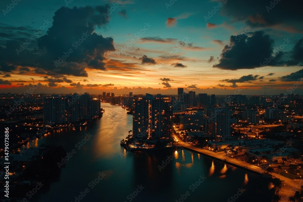 Fototapeta premium Glowing Miami skyline at sunset with vibrant colors reflecting on the water, Aerial b roll glowing city and sunset Miami Florida night
