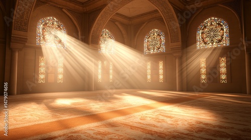 Sunlit Mosque Interior Divine Light Golden Architecture Peaceful Prayer Room Spiritual Tranquility