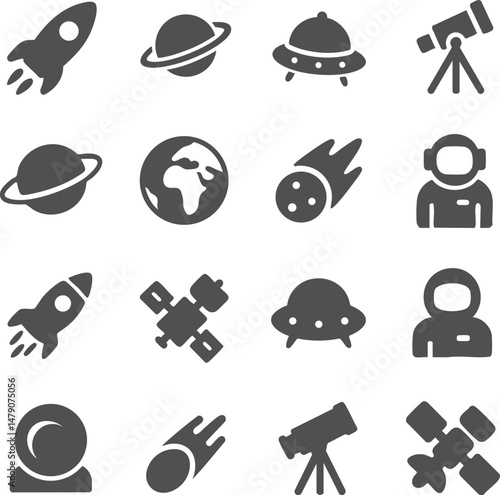 Set of Space Icons – Astronomy Symbols, Galaxy Illustrations, Planets and Stars Vector Icons, Space Travel
