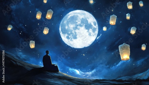 Buddha purnima celebration serene night sky watercolor monk silhouette peaceful landscape spiritual reflection