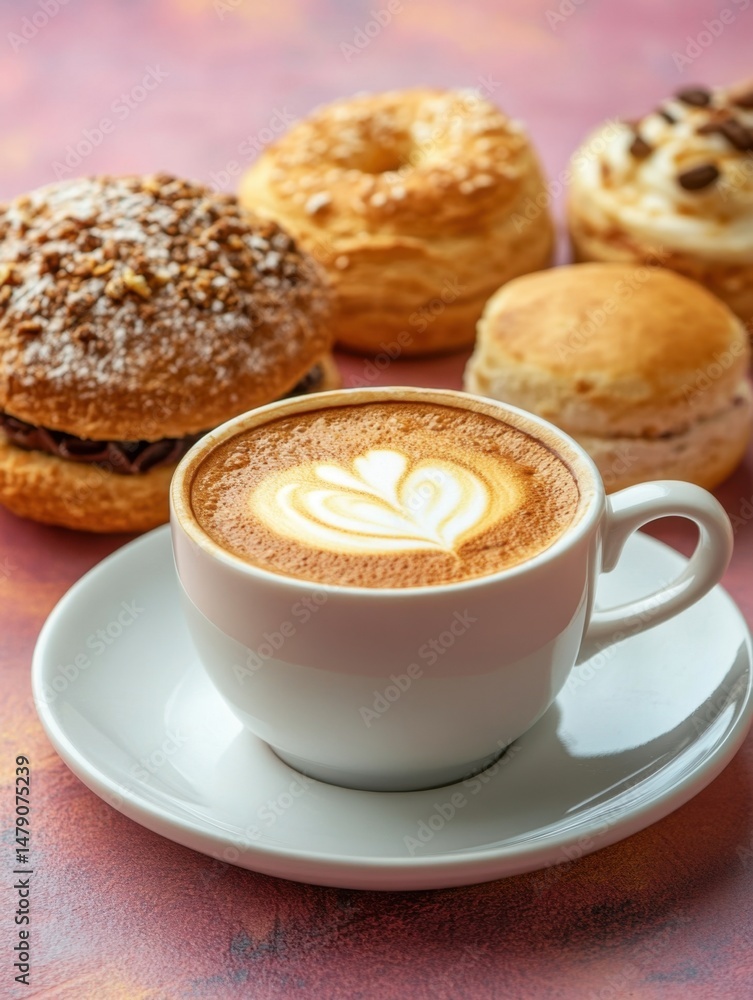 Close-up of cappuccino with latte art and assorted pastries on textured surface in warm light for breakfast concept Close-up of cappuccino with latte art and assorted pastries on textured surface in warm light for breakfast concept