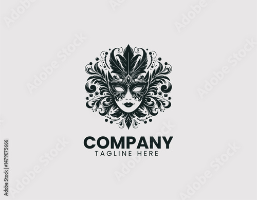 Elegant Black and White Venetian Masks Ornate Details Vector Logo Design, Ornate Black White Venetian Masks Elegant Details Vector Logo, Stylish Black and White Venetian Masks Intricate Details Illust