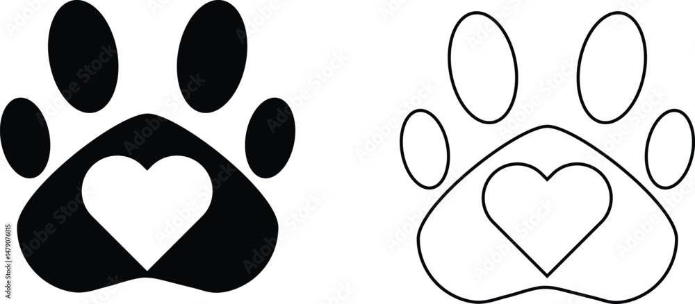 Fototapeta premium Dog and cat paw print silhouette icon vector, Footprints vector