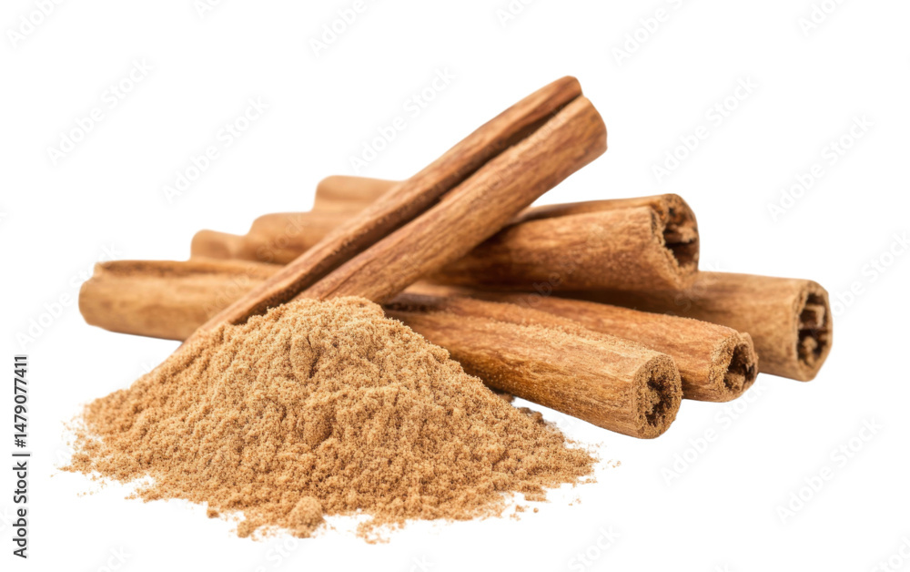 Pile of cinnamon sticks and ground cinnamon on a white background Pile of cinnamon sticks and ground cinnamon on a white background