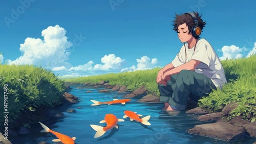 Calm Anime Boy with Headphones Sitting by Stream Surrounded by Fish