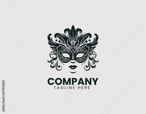Elegant Black and White Venetian Masks Ornate Details Vector Logo Design, Ornate Black White Venetian Masks Elegant Details Vector Logo, Stylish Black and White Venetian Masks Intricate Details Illust
