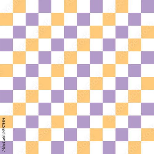 Groovy retro yellow purple checkerboard vector seamless pattern. Geometric abstract checkered background. 
