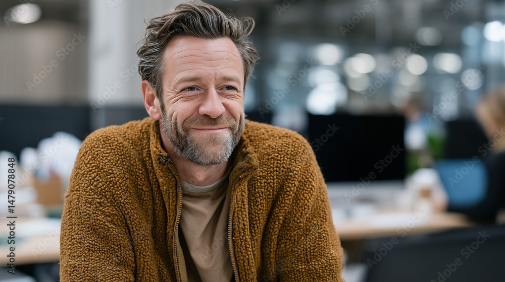Naklejka premium Contentment and Optimism in the Workplace: A portrait of a man with a subtle smile and bright eyes in office environment exudes professional confidence.