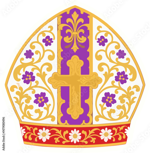 Flat Vector Papal Mitre Illustration with Gold Cross and Floral Ornaments – Colorful Catholic Bishop Hat Design for Religious Clipart